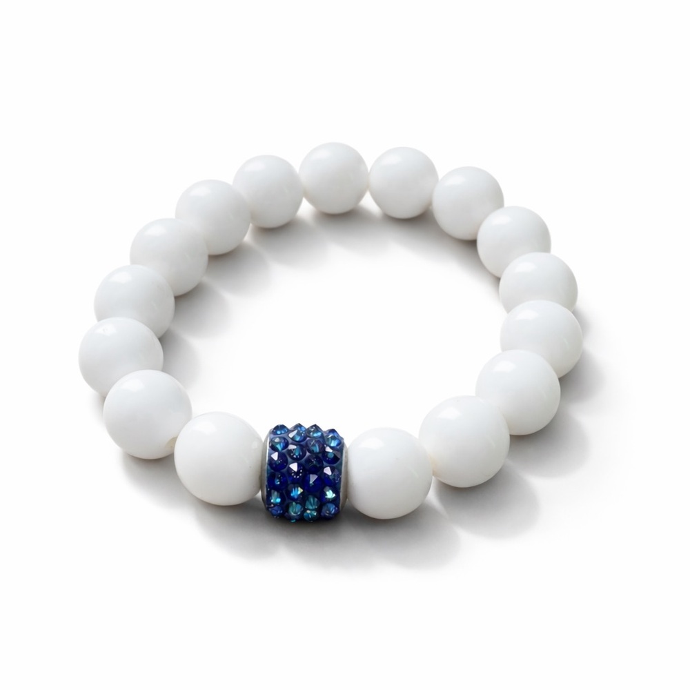 White Bead Stretch Bracelet | Swarovski Crystal Blue Center | 10mm Beads Luxe